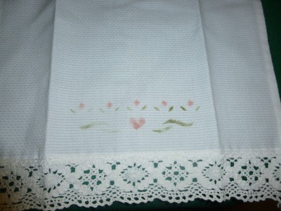 Tea Towels (3) - White w/floral decal & Lace Trimmed - 11 1/2 W, 17 1/2