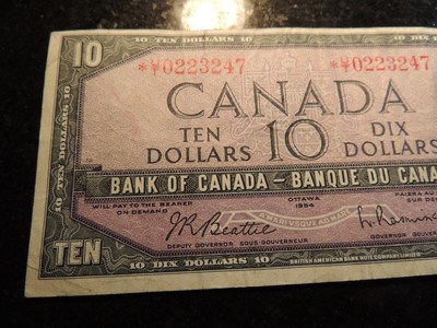 1954 BANK OF CANADA $ 10 TEN DOLLARS RARE PREFIX REPLACEMENT *U/T 0223247