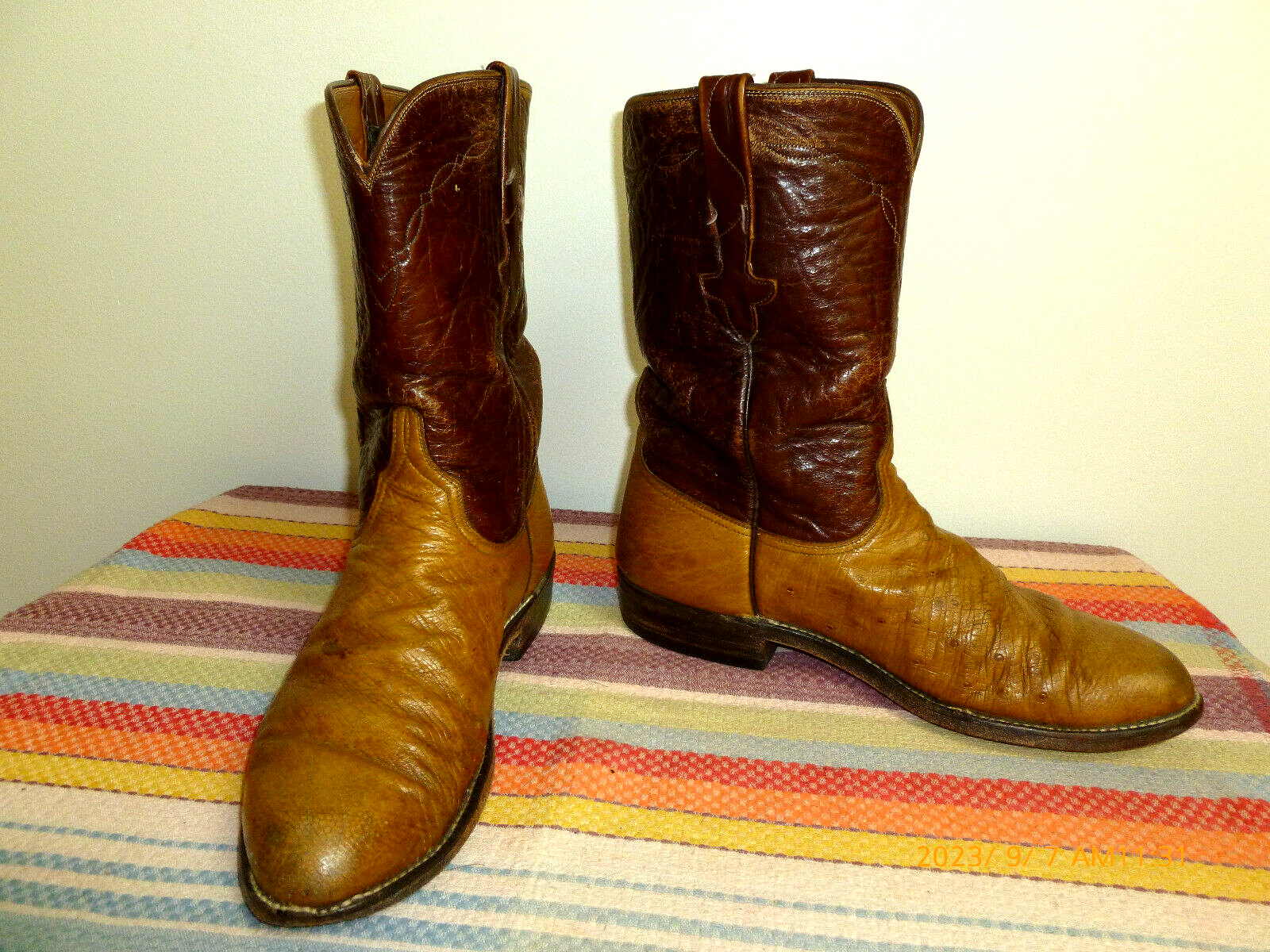 Mens 9D Vintage LUCCHESE Tan Brown SMOOTH OSTRICH Western Cowboy Boots