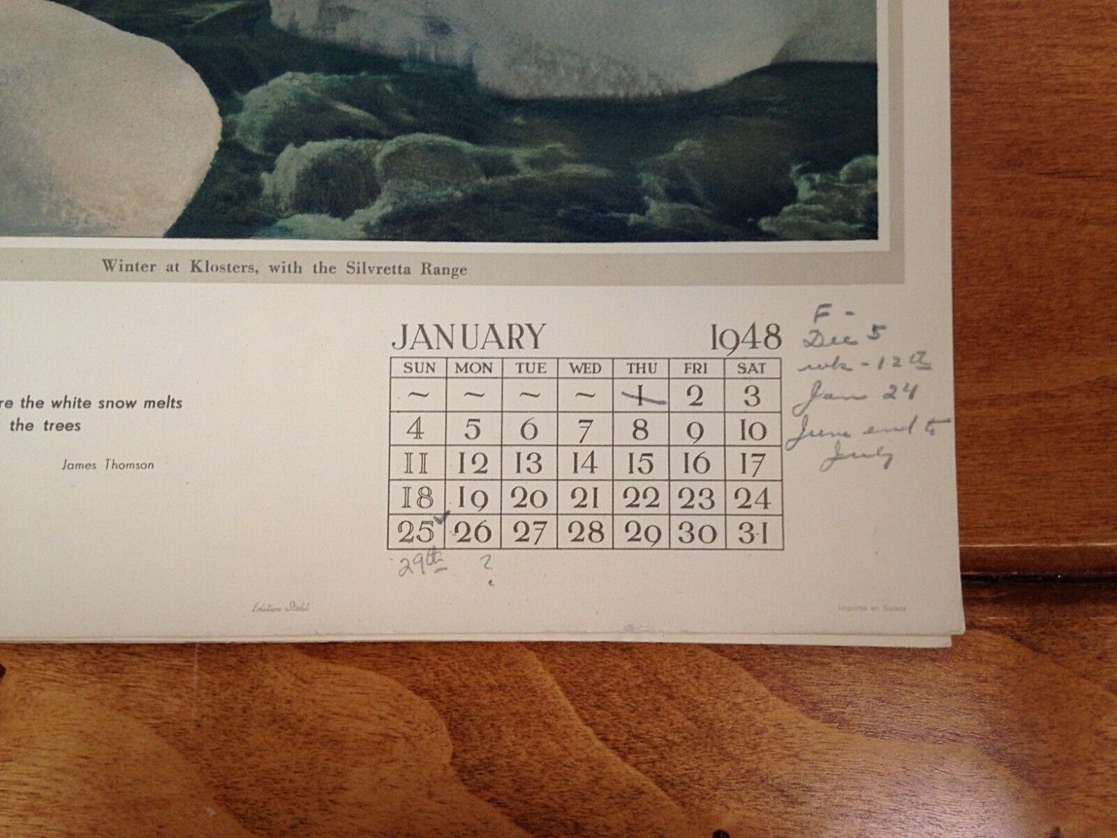 The Alpine Calendar 1948 Printed in Switzerland * Edition Stehli