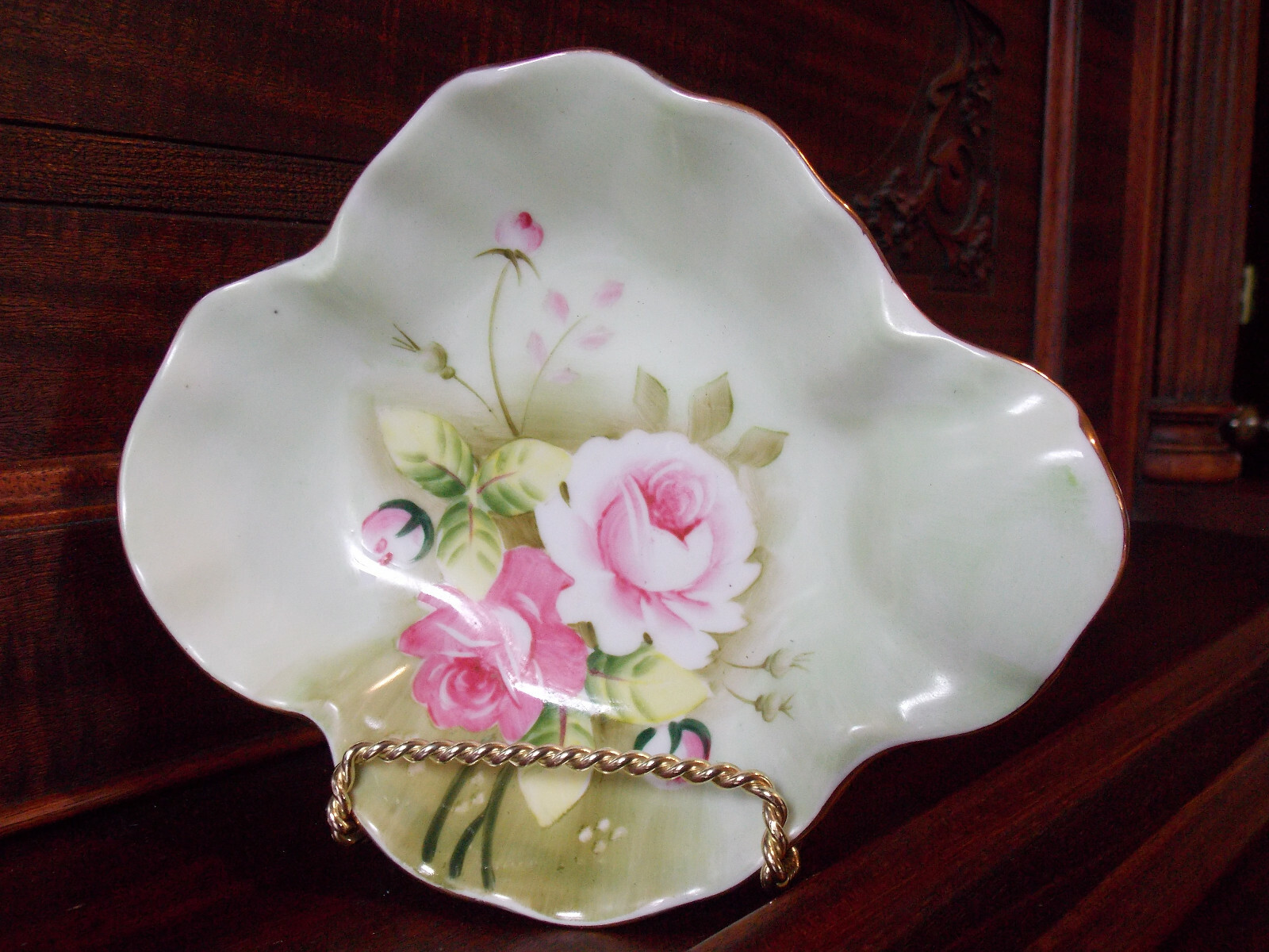Vintage Lefton Green Heritage #1860 Pink Rose Candy Nut dish Nappy (74)