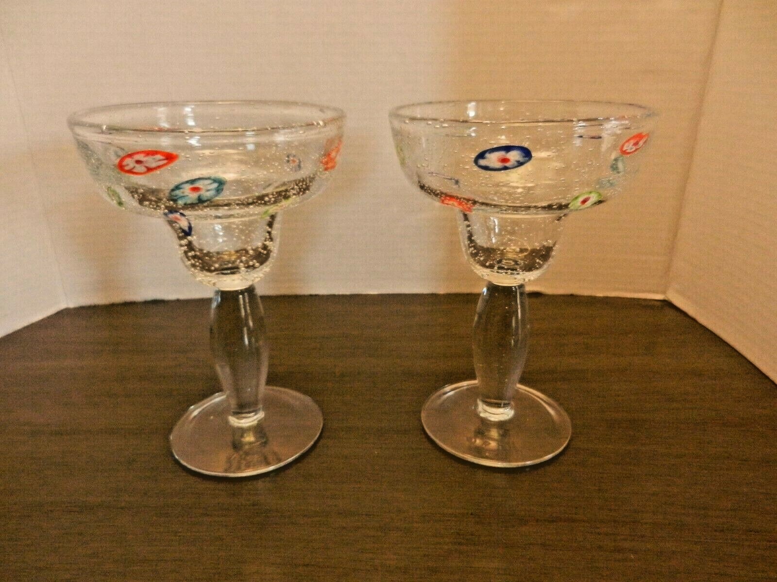 Millefiori Bubble Glass Margarita Glasses - Set of 2 Hand Blown 6 3/4