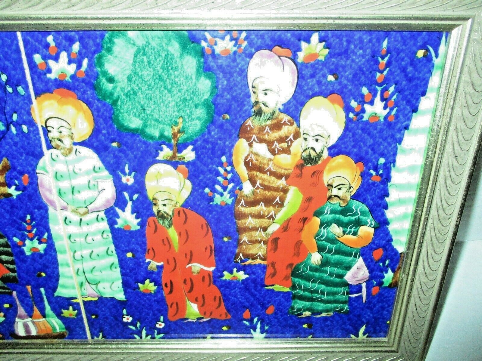 Vintage Qajar Tile Painting Iran Persian Diptych Court Scene Enameled Framed