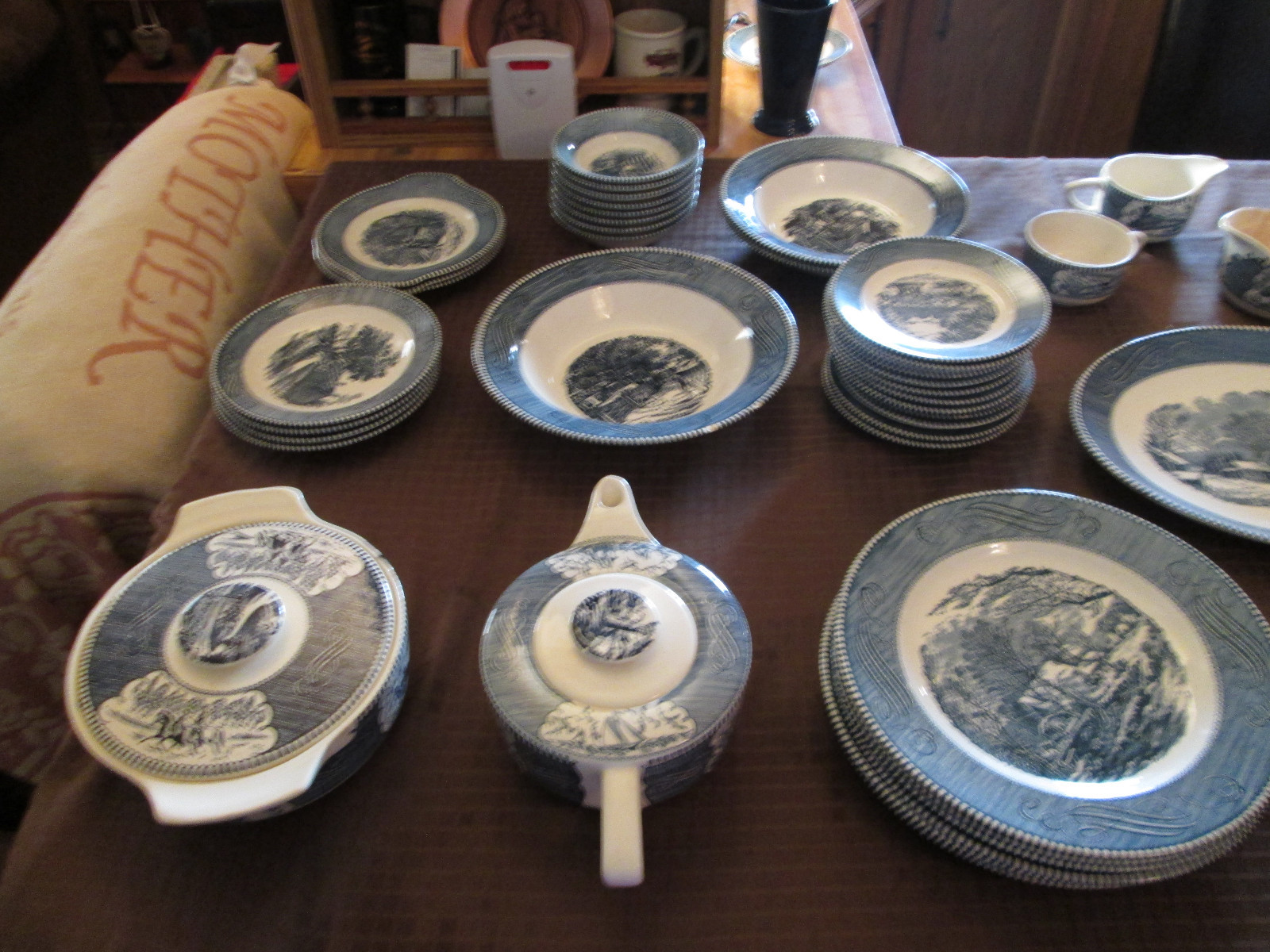 Vintage Currier & Ives Blue White Royal China Dishes The Old Grist Mill 50 pieac