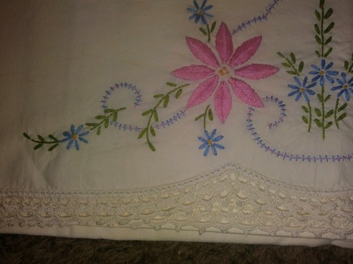 Vintage Pillowcase Embroidered Floral Pink Blue  Flowers  Crochet Lace 20 