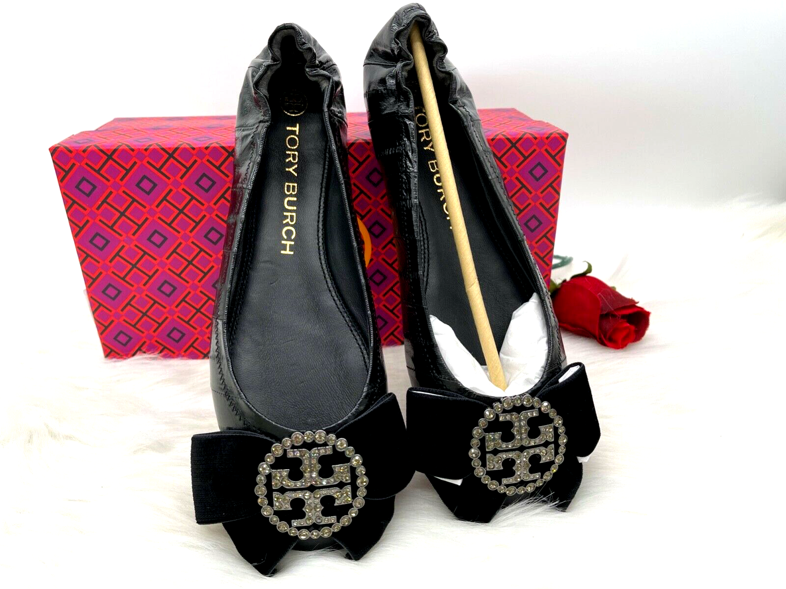TORY BURCH $358 TORY BURCH CRYSTAL EMBELLISHED LOGO BLACK LEATHER BALLET FLATS 9M