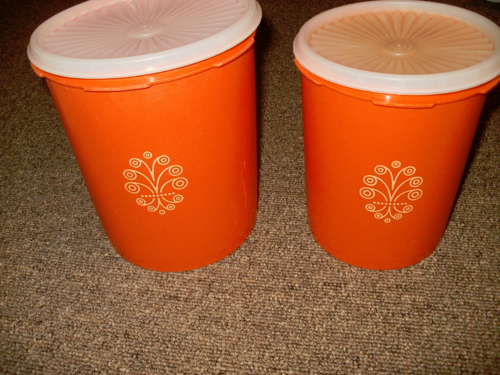 Vintage Tupperware Canisters Servalier Lot of 2 Orange Clear Tops 809-13 807-7