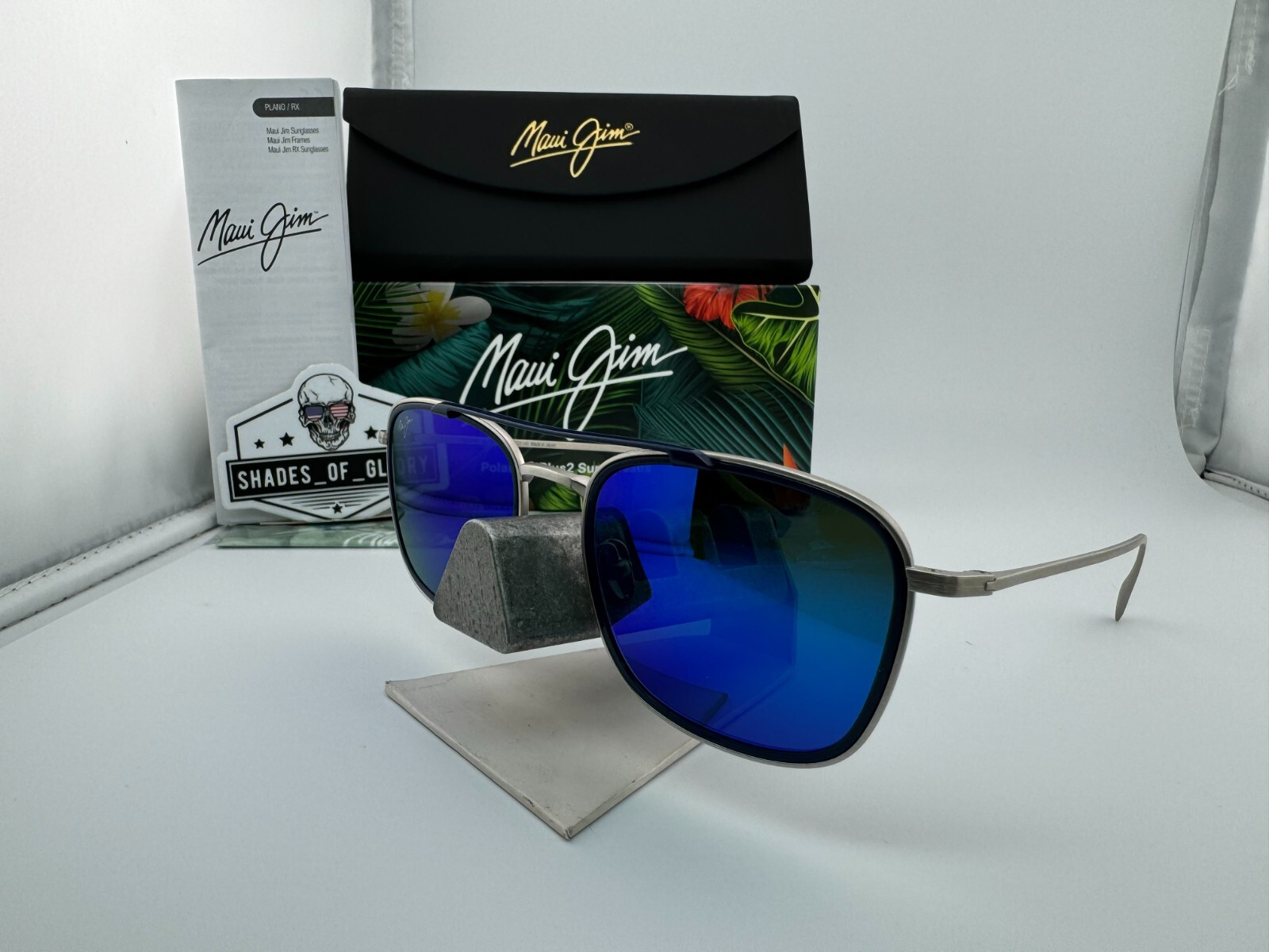 Pre-owned Maui Jim Following Seas Mj 555-17m Silver Blue Hawaii Polarized Sunglasses