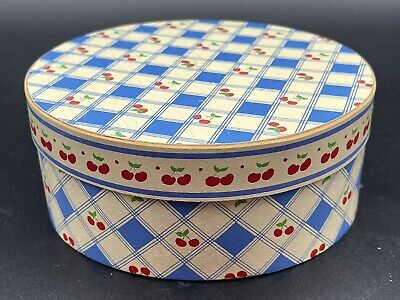 Vintage Wooden Round Cheese Box Container Blue Gingham Red Cherries 6'' Summer