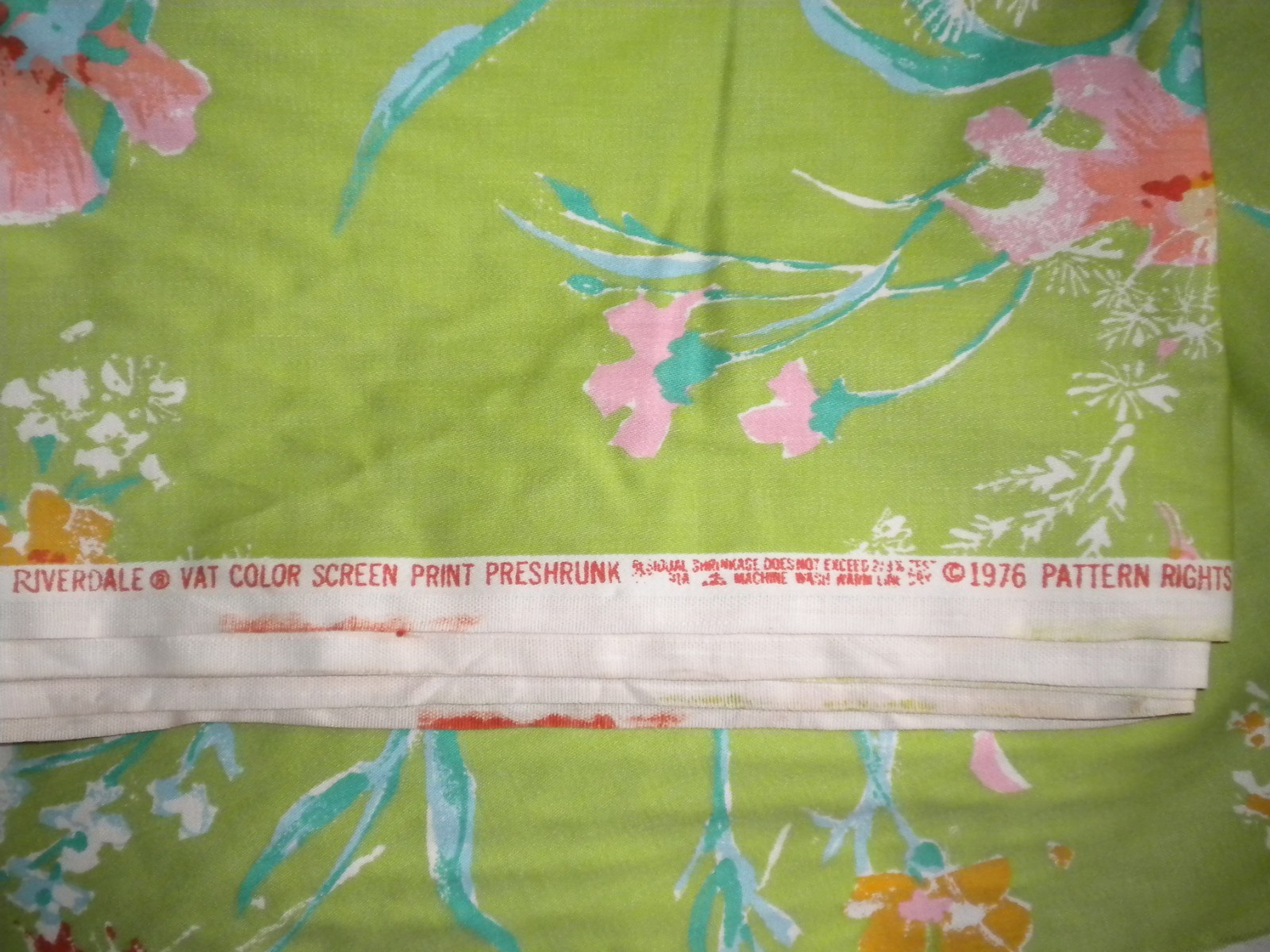 VTG Green Floral Screen Print Riverdale Vat 6 Yds 54”w Drapery Upholstery Fabric