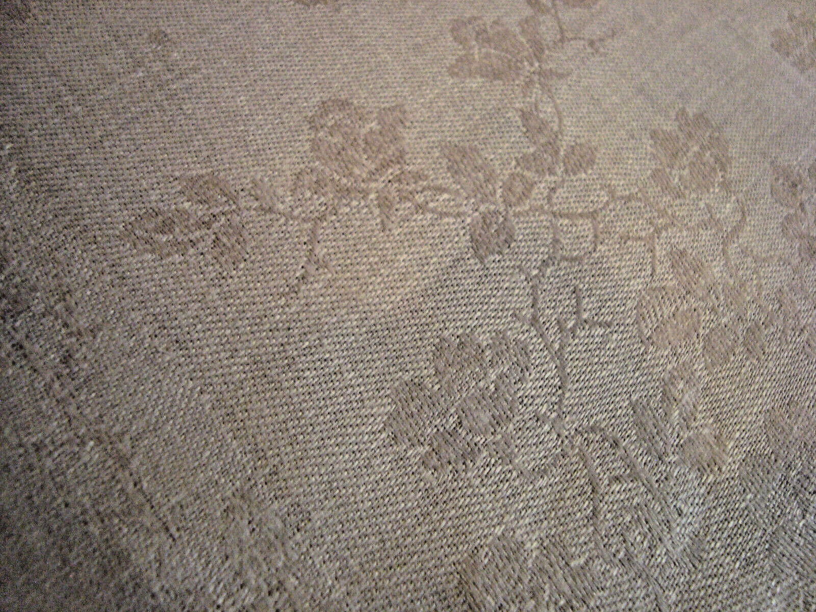 Vintage white flax LINEN dresser scarf, runner jacquard climbing roses