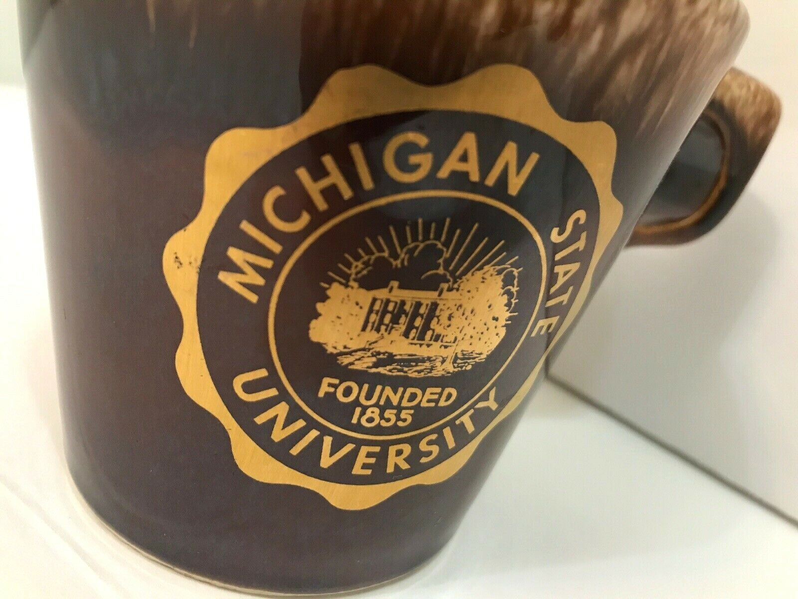 Vintage Hull Michigan State University Brown Drip Coffee Cup MI Mich College Mug