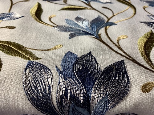 DESIGNER LORE NAVY EMBROIDERED COTTON LINEN REMNANT 20”x54”