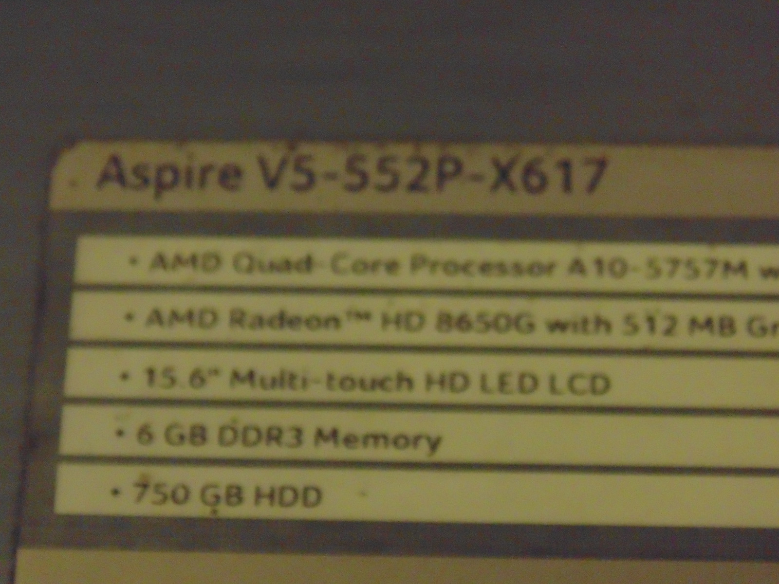 Acer Aspire  V5-552P-X617 Model No. ZR1