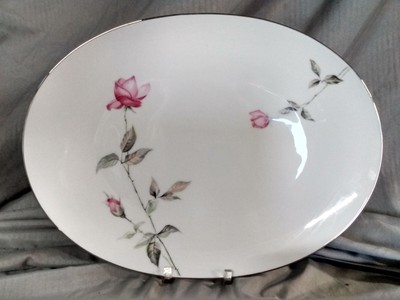 Vintage Sango China Dawn Rose Oval Serving Platter Mid Century Platinum Rim 14''