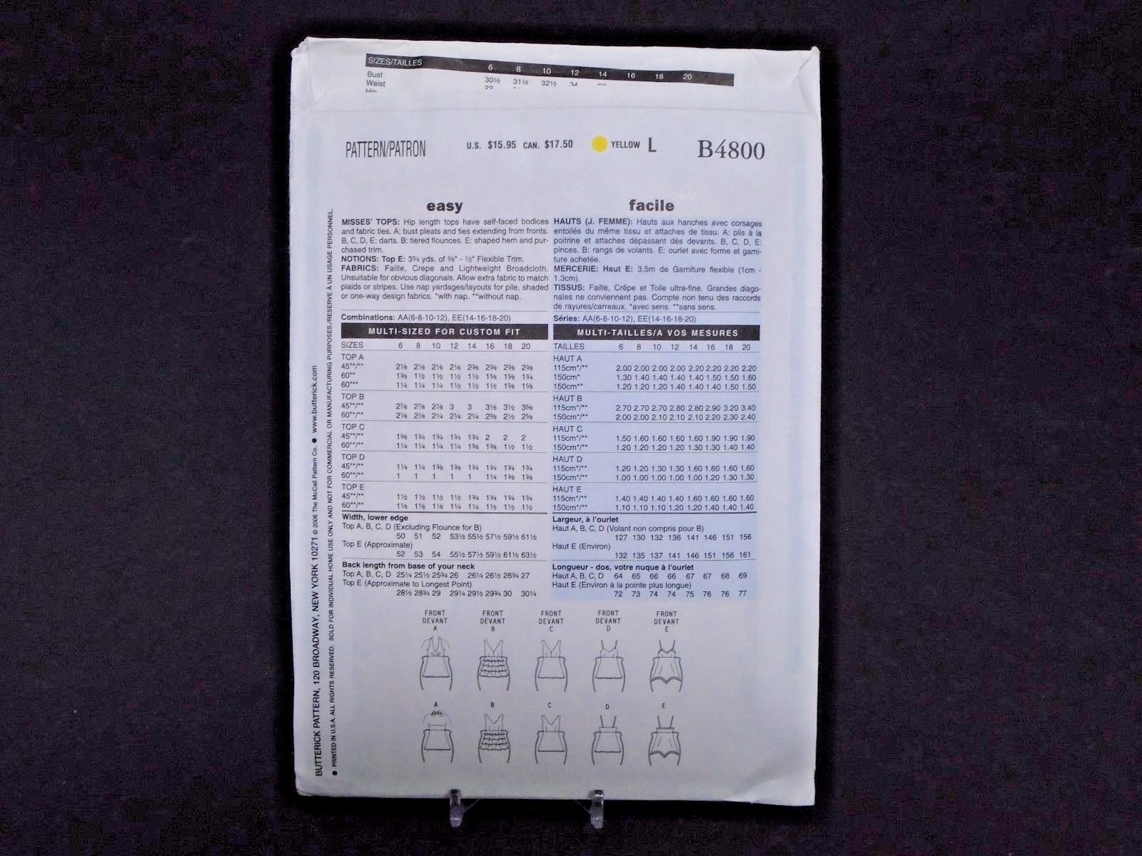 2006 Butterick Pattern #B4800 Size AA (6-8-10-12) New and Uncut