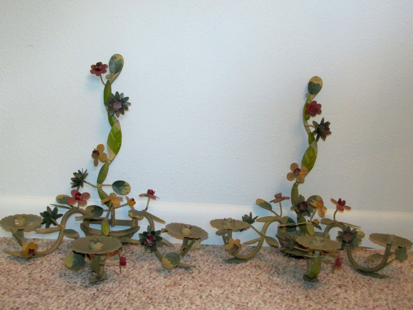 Pair Vintage Tole Painted Flower 3 Arm Metal Candelabra Shabby Wall Sconce Set