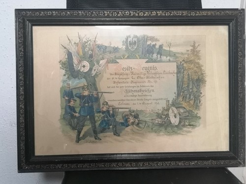 Alte Urkunde Besitz-Zeugnis Infanterie Regiment Elsass Schützenabzeichen 1908...