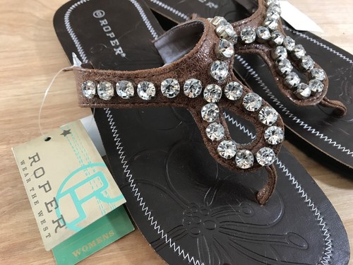 Women’s Roper Crystaline Sandals Sz 6 Brown Thong Flip Flops Sparkle Dressy