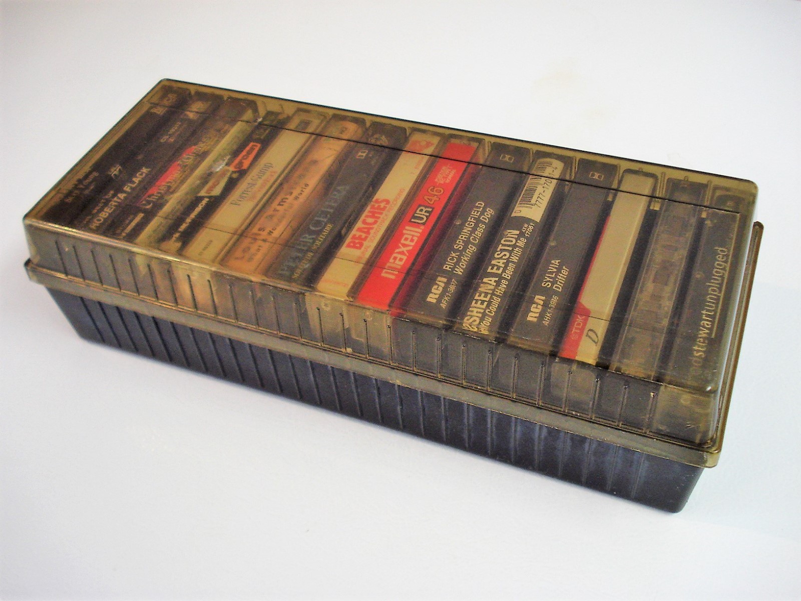 Mixed Lot of 15 Cassette Music Tapes in Hard Plastic Storage Case - 1980's