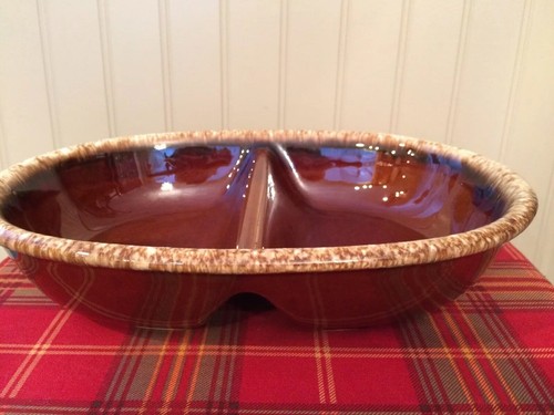 Vintage Hull Pottery 11” Oval Divided Dish Oven Proof In Brown Drip