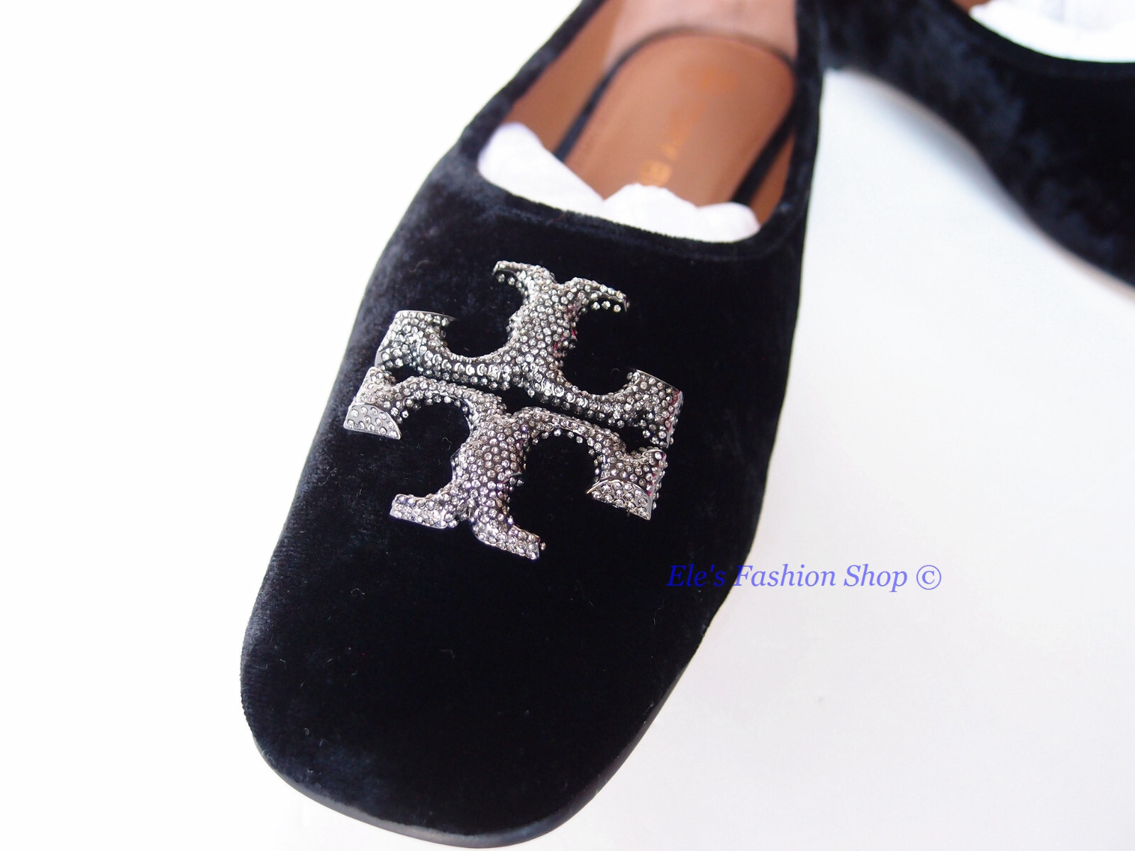 Pre-owned Tory Burch Eleanor Pave Crystal Logo Velvet Ballet Flat Black 7 7.5 8 8.5 9