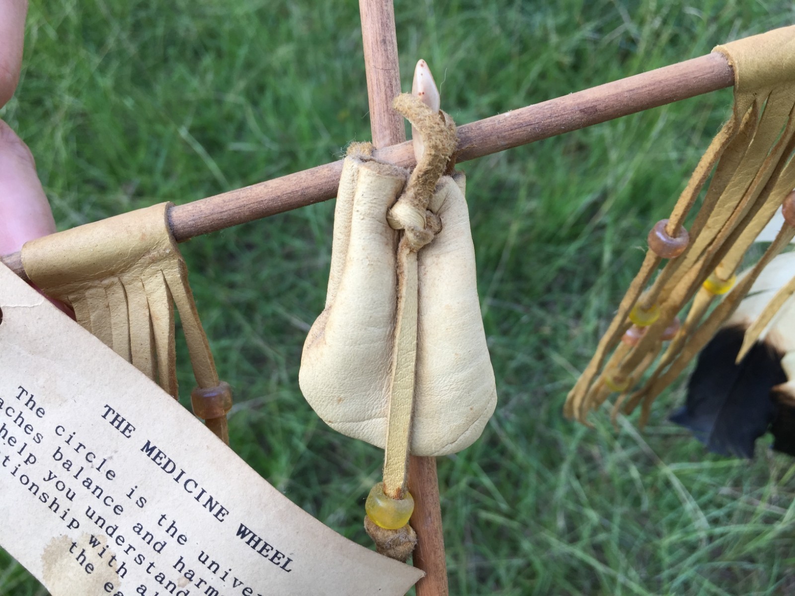 Handmade Medicine Wheel from CO WestFest 1994 W Feathers & Leather Pouch & Card