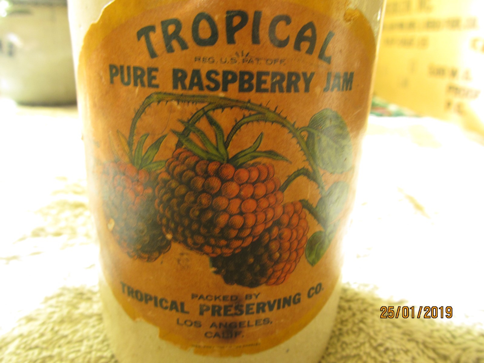 Vintage  Tropical Pure Raspberry Jam Crock 4 7/8  inches