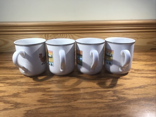 VINTAGE VILLEROY BOCH LAPLAU NAIF NAIVE PAINTED VITRO PORCELAINE MUGS CUPS SET 4