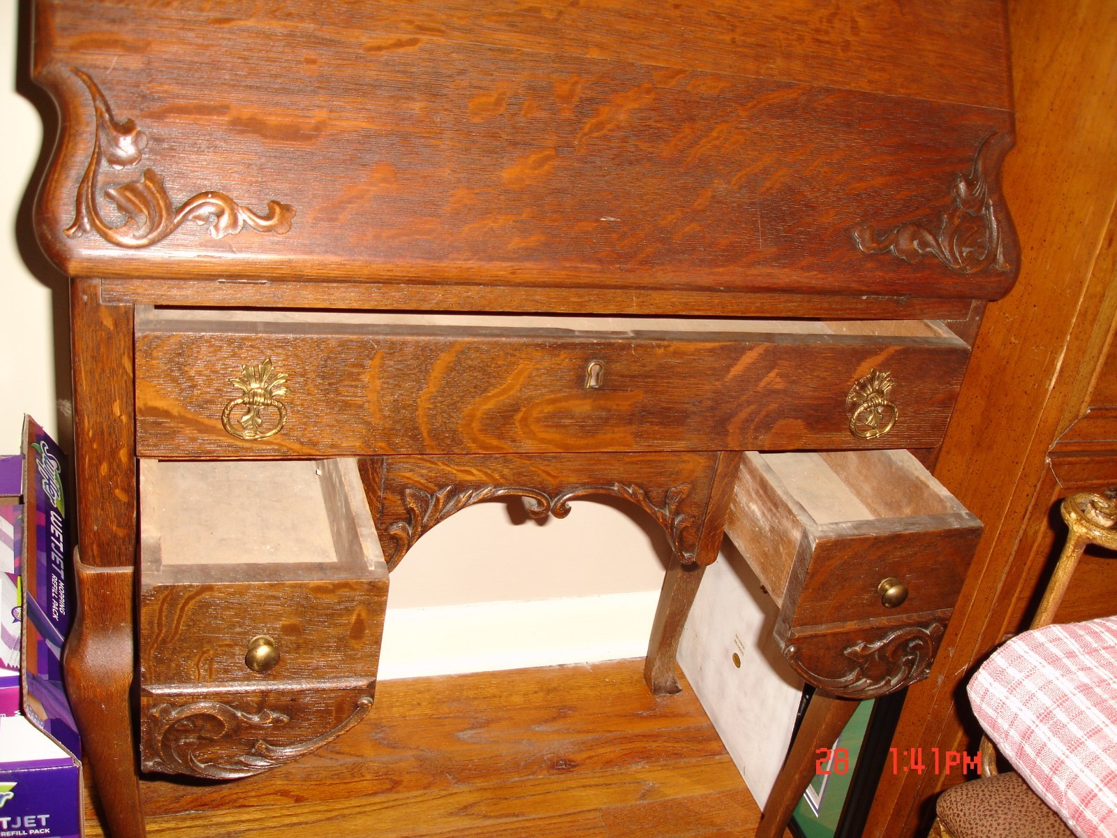 . Tiger Oak Drop Leaf Front Secretary Desk with Drawers