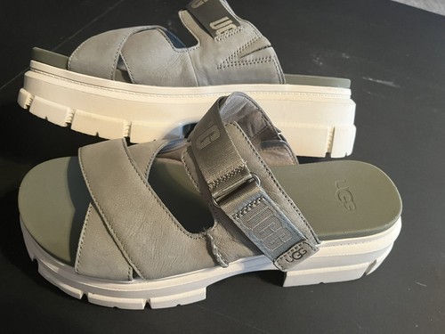 UGG ASHTON SLIDE GREY LEATHER LOGO PLATFORM SANDALS US 12