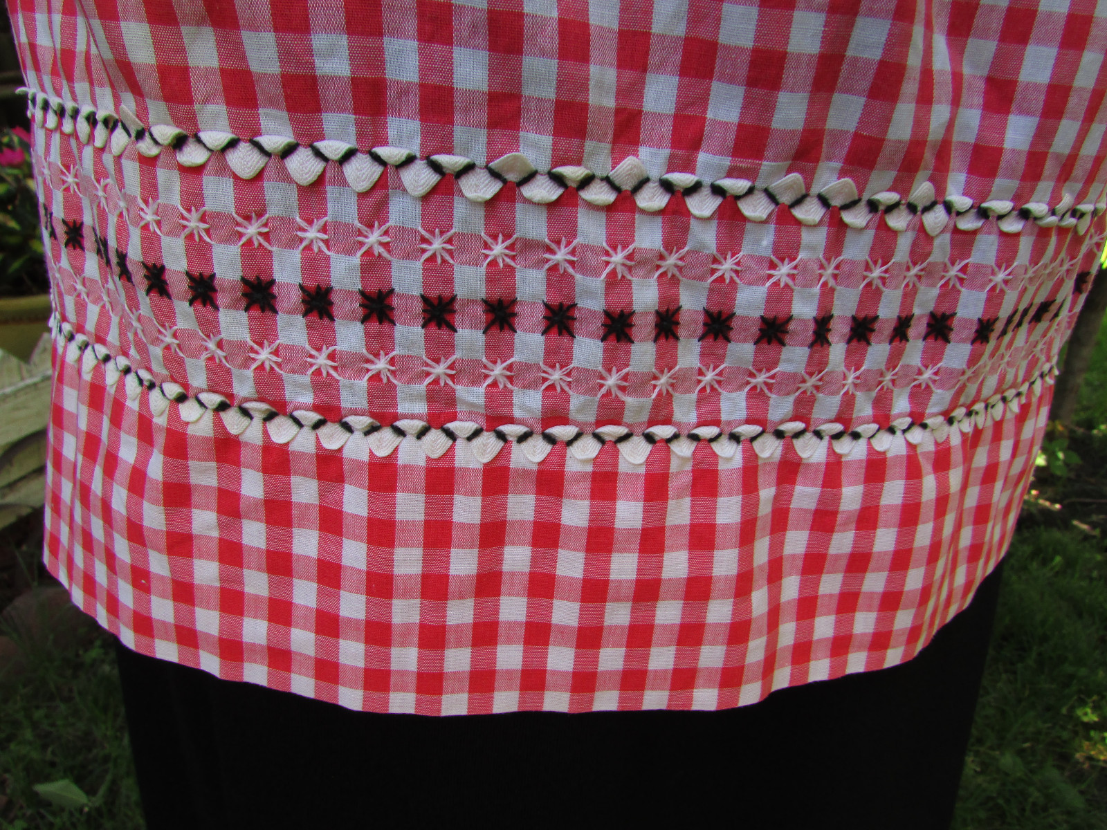 Vintage Red and White Gingham Apron Black Cross Stitching White Rick Rack