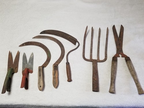 Vintage Antique Garden Tools Lot Of 7 wood handles Pitchfork make offer