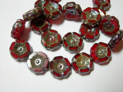 12 beads - Ruby Red  w/ Travertine Silver Czech Glass Flower Beads 12mm