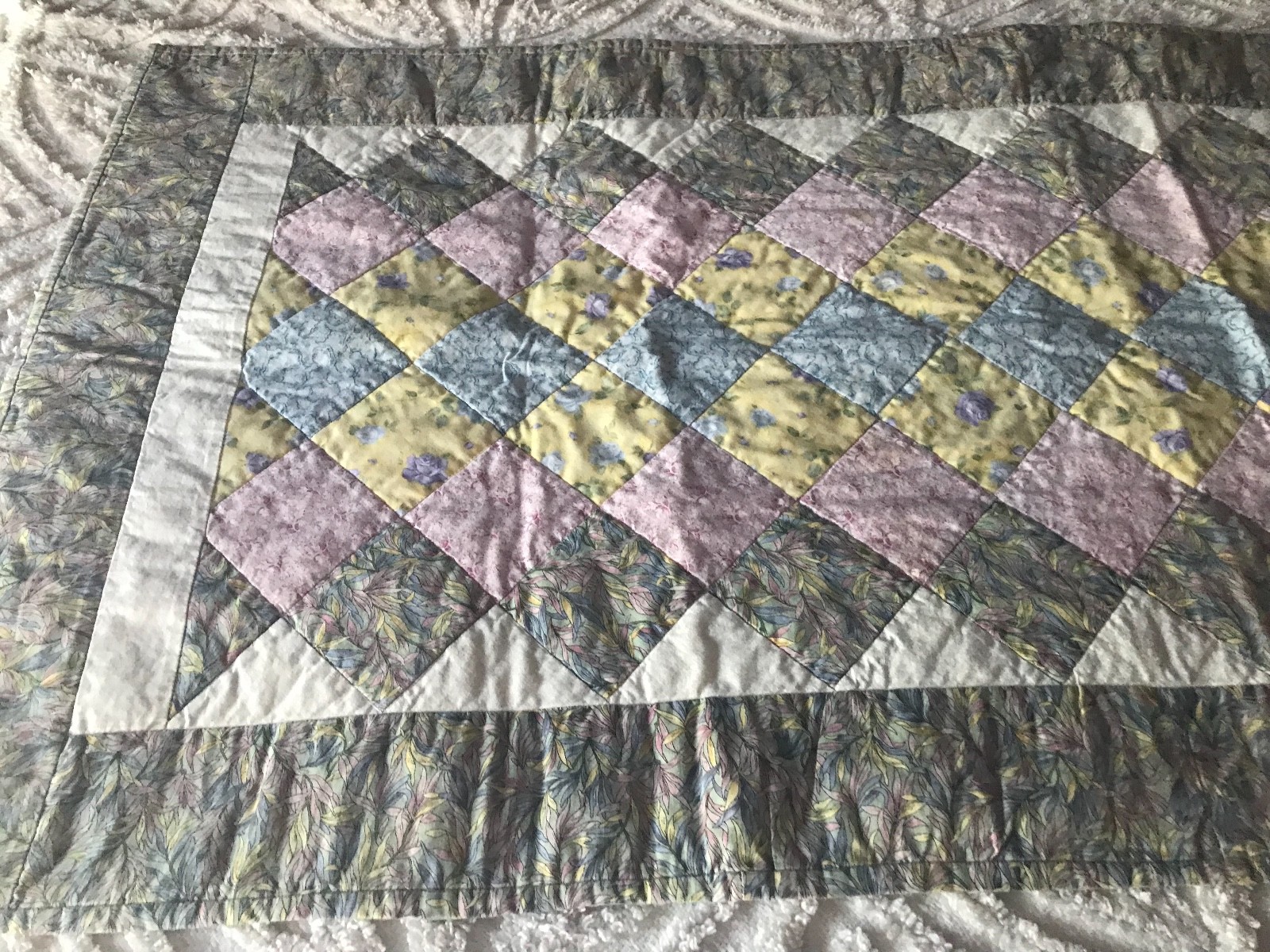 VTG HAND MADE Pink Yellow Multicolor SPRING QUILTED Table Runner 23X54
