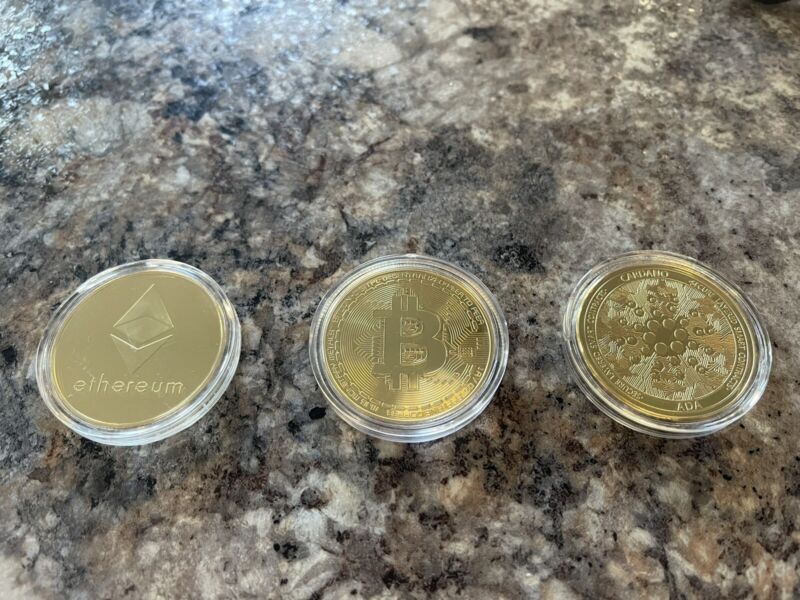 Bitcoin, Ethereum, Cardano. BTC, ETH, ADA.          42mm Physical Coins W/ Case.