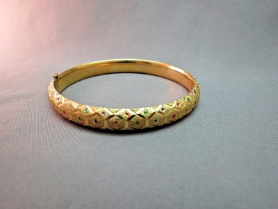 14k Yellow Gold Bangle Bracelet Textured Enamel Accents ARB 8mm Wide 7