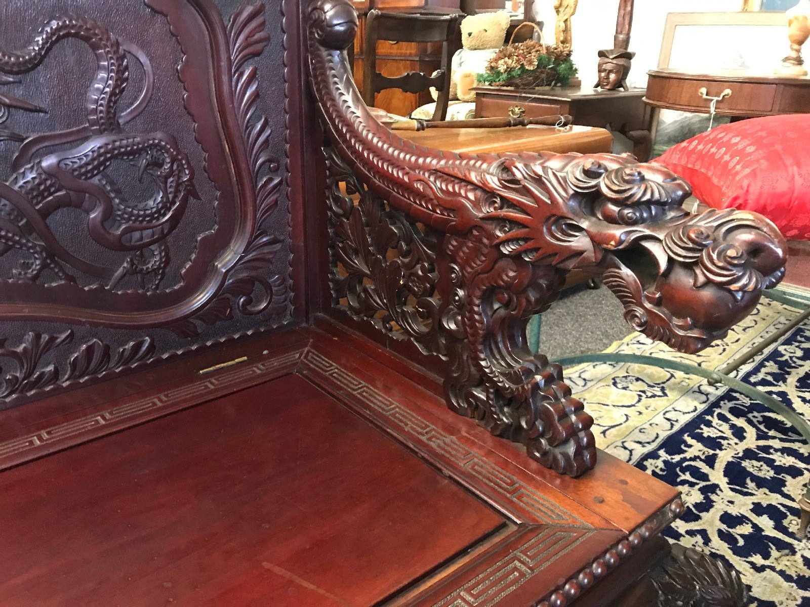 Antique Chinese Dragons Gargoyles Carved Bench Settee Chase w/Storage