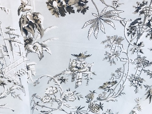 SCALAMANDRE CHINOISERIE PAGODAS TOILE SKY BLUE AMBER Fabric Remnant, 18” X 54”