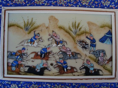 Exquisitely Painted Miniature Persian Polo Game Painting on Thin Panel