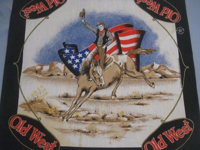 OLD WEST SCARF, COWBOY ON A HORSE, AMERICAN FLAG IN BACKGROUND, 21-1/2
