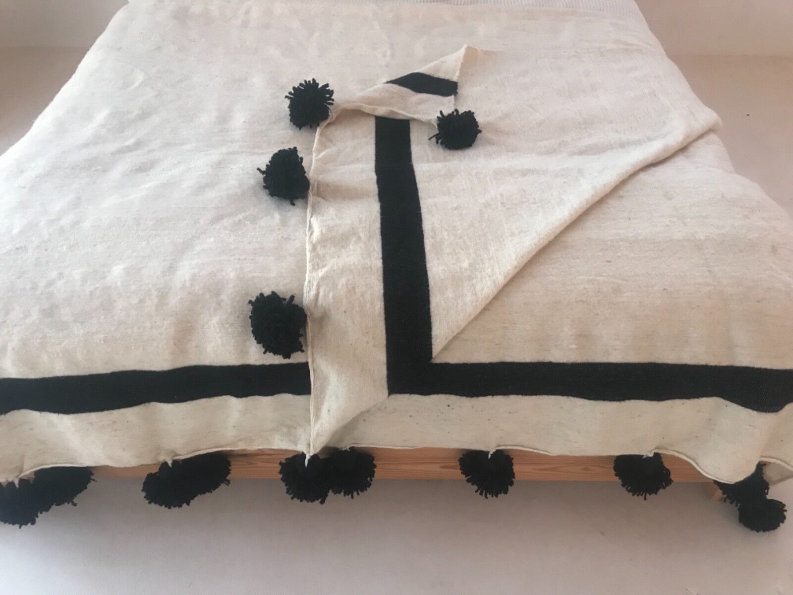 Moroccan Handmade Wool Pom Pom Throw Blanket IVORY/BLACK 118” X 78”