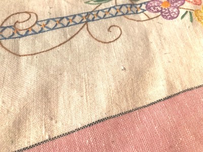 Vintage Homespun Linen Tablecloth Embroidered White Pink Stripe Fabric 50x50