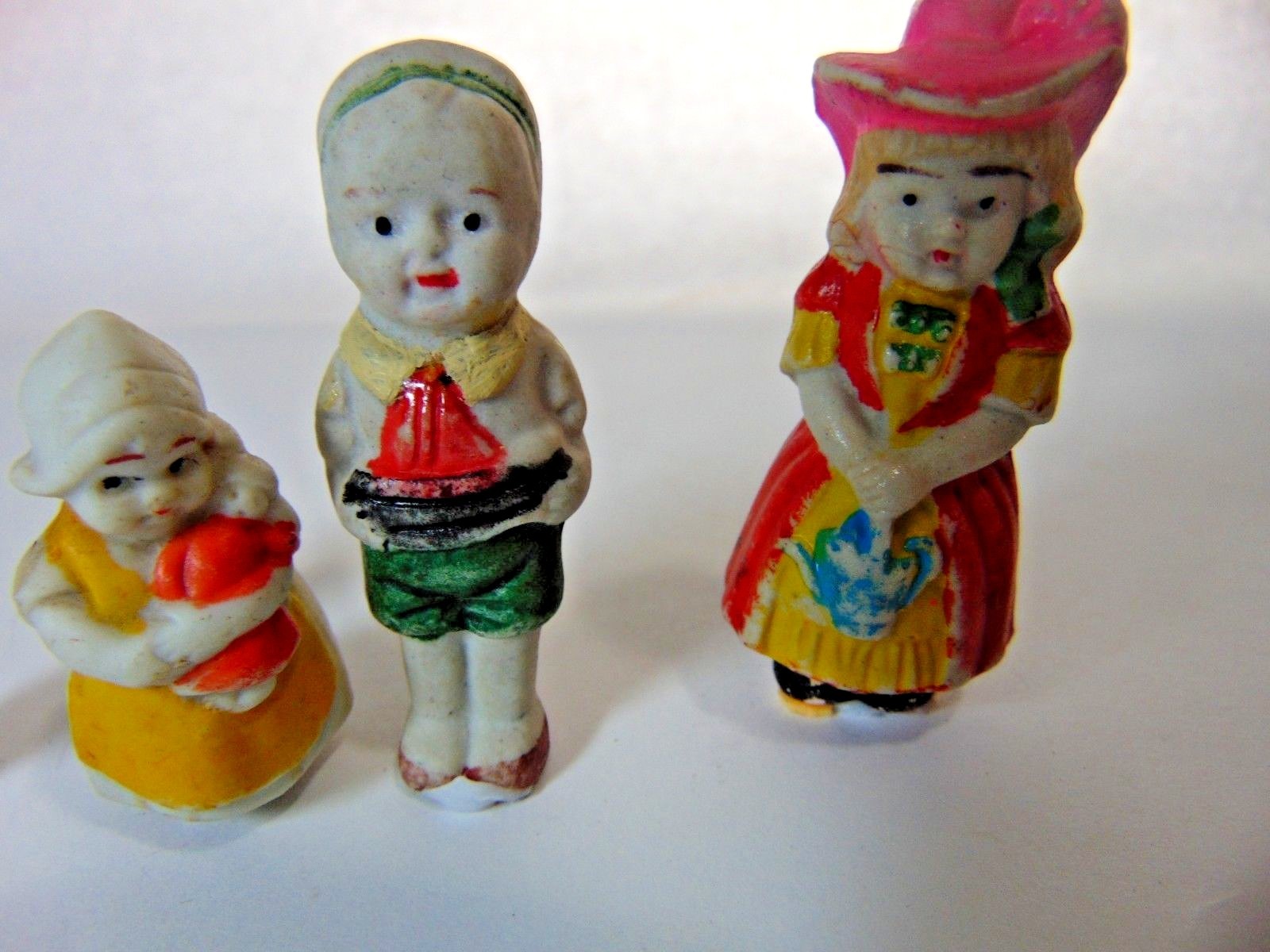 MINIATURE 4 PIECE LOT SET BISQUE WESTERN WEST COW GIRL BOY SAIL BOAT HOME DECO
