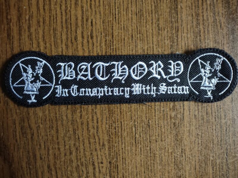 BATHORY,IN CONSPIRATION WITH SATAN,IRON ON WHITE EMBROIDERED PATCH