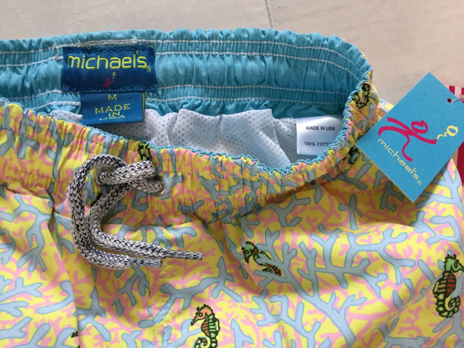 Michael's Swim Trunks Shorts Yellow Seahorse Pattern Drawstring Boys Size Medium