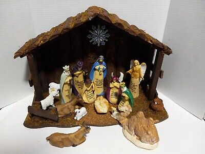 Vintage Large 17 Piece Wood Nativity Set With Figurines and Animals