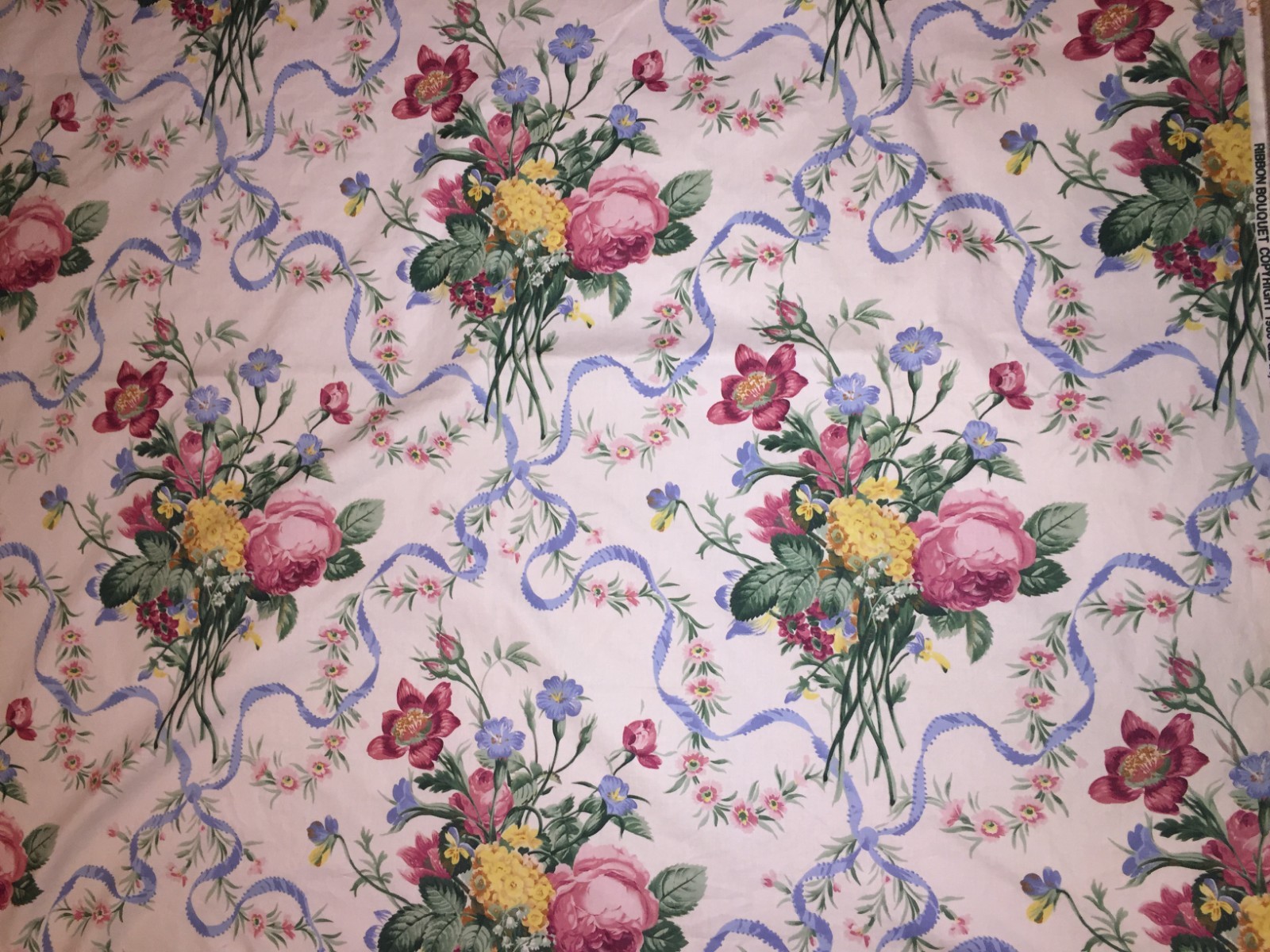 Vintage RAYMOND WAITES UPHOLSTERY DESIGNER FABRIC~RIBBON BOUQUET FLORAL~56