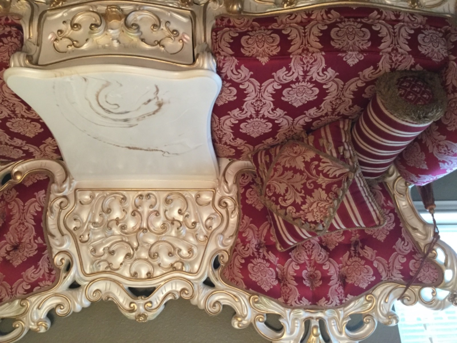 Victorian French reproduction red/gold paisley XL sofa and chair set marble top