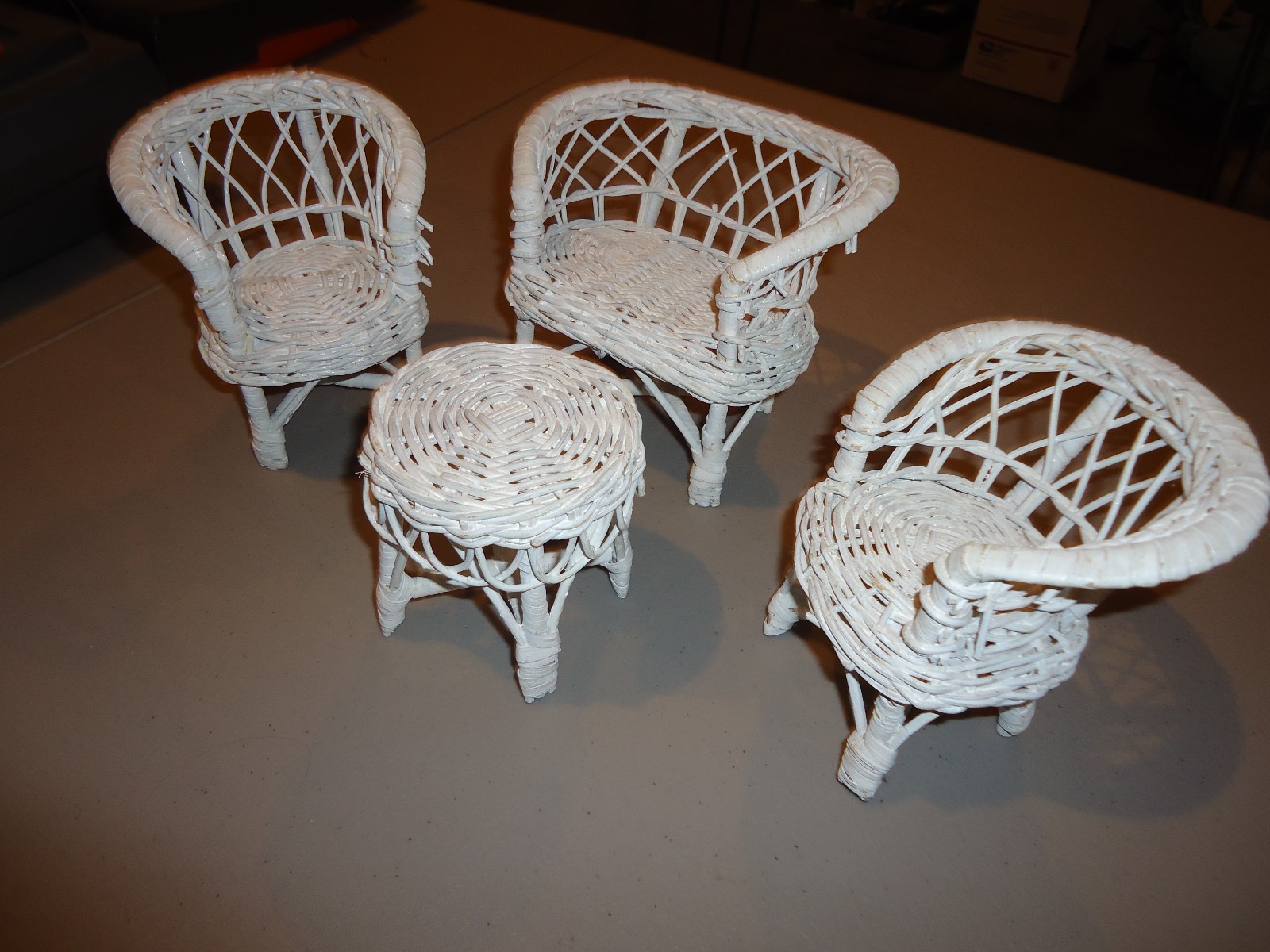 RARE Antique Vtg Dollhouse Doll Miniature Wicker Furniture White Paint, 12